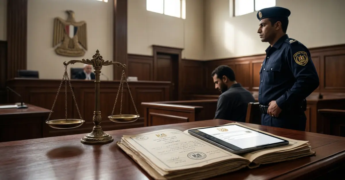 تعبير بصري عن عقوبة المخدرات في مصر داخل قاعة محكمة مصرية يوضح الطابع الجنائي وخطورة الاتهام.