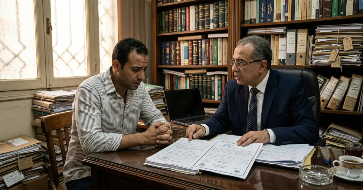 محامٍ يشرح لمتهم داخل مكتب قانوني تفاصيل عقوبة المخدرات في مصر والإجراءات القانونية في قضايا المخدرات.