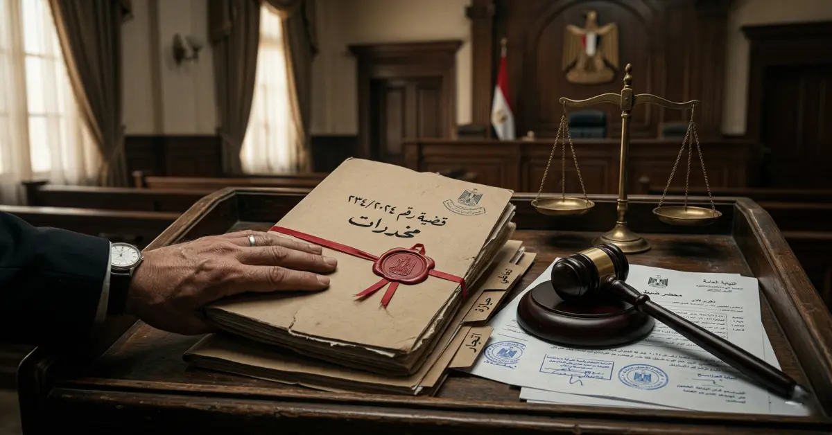 ملف قضية مخدرات على منصة محكمة مصرية بجوار ميزان العدالة ومطرقة القاضي في إشارة إلى عقوبة المخدرات في مصر.