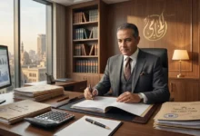 محامٍ مصري يراجع مستندات وإقرارات ضريبية داخل مكتب قانوني احترافي في سياق يوضح غرامات الضرائب في مصر.