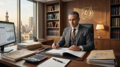 محامٍ مصري يراجع مستندات وإقرارات ضريبية داخل مكتب قانوني احترافي في سياق يوضح غرامات الضرائب في مصر.