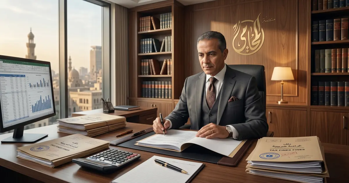 محامٍ مصري يراجع مستندات وإقرارات ضريبية داخل مكتب قانوني احترافي في سياق يوضح غرامات الضرائب في مصر.