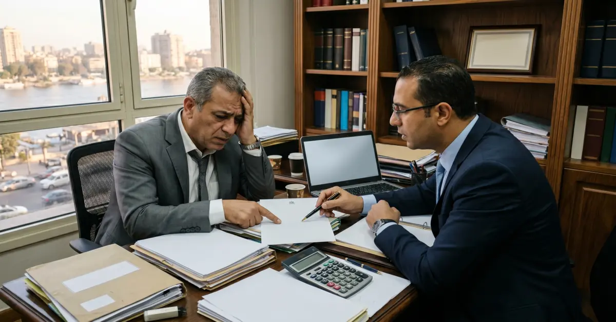 رجل أعمال مصري يناقش إشعارًا ضريبيًا مع محامٍ داخل مكتب قانوني في مشهد يعبر عن مراجعة غرامات الضرائب في مصر واتخاذ إجراء قانوني صحيح.