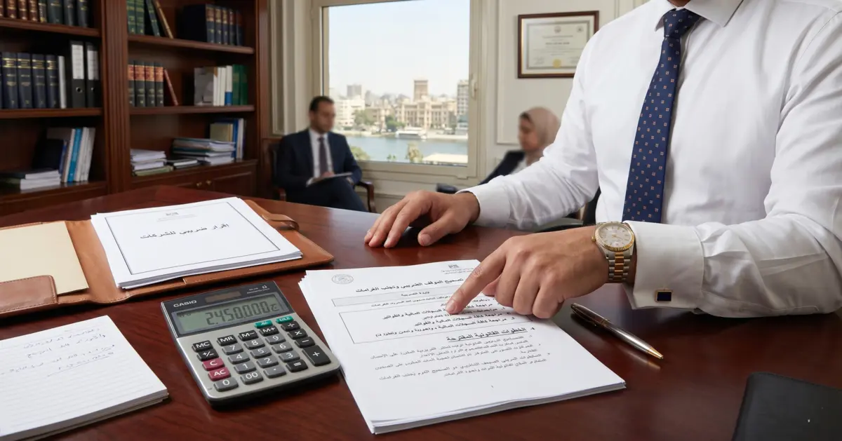 مستندات ضريبية منظمة على مكتب محاماة مع حاسبة وملف قانوني في مشهد يرمز إلى معالجة غرامات الضرائب في مصر وتصحيح الموقف الضريبي.