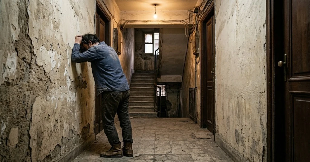 شاب يقف في ممر قديم بحالة انهيار وتوتر شديد بعد التورط في قضية مخدرات اول مرة في مصر.