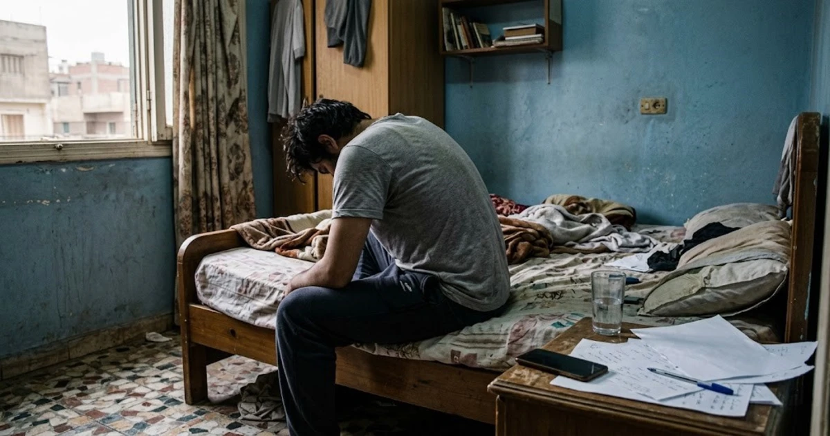 شاب يجلس على سرير داخل غرفة بسيطة ويبدو عليه القلق والخوف بعد اتهامه في قضية مخدرات اول مرة.