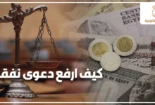 كيف أرفع دعوى نفقة في مصر وصورة تعبر عن إجراءات دعوى النفقة في مصر أمام المحكمة مع رموز العدالة والمال