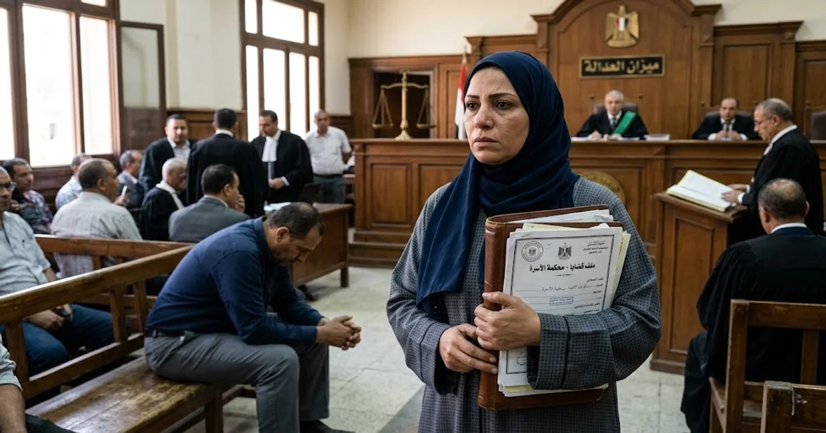 مشهد داخل محكمة أسرة مصرية لسيدة تحمل أوراق دعوى نفقة أثناء نظر إجراءات حبس الزوج في متجمد النفقة