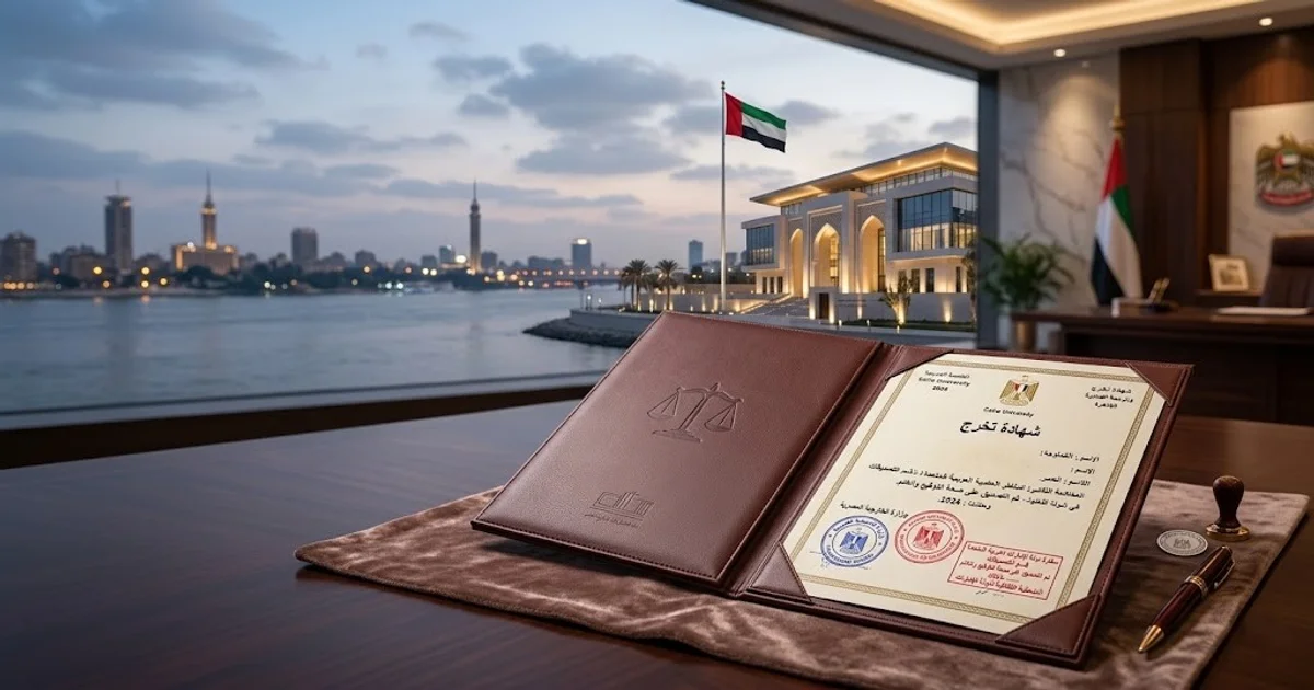 شهادة تخرج موثقة على مكتب رسمي في إطار يوضح إجراءات توثيق الشهادات من سفارة الإمارات بالقاهرة