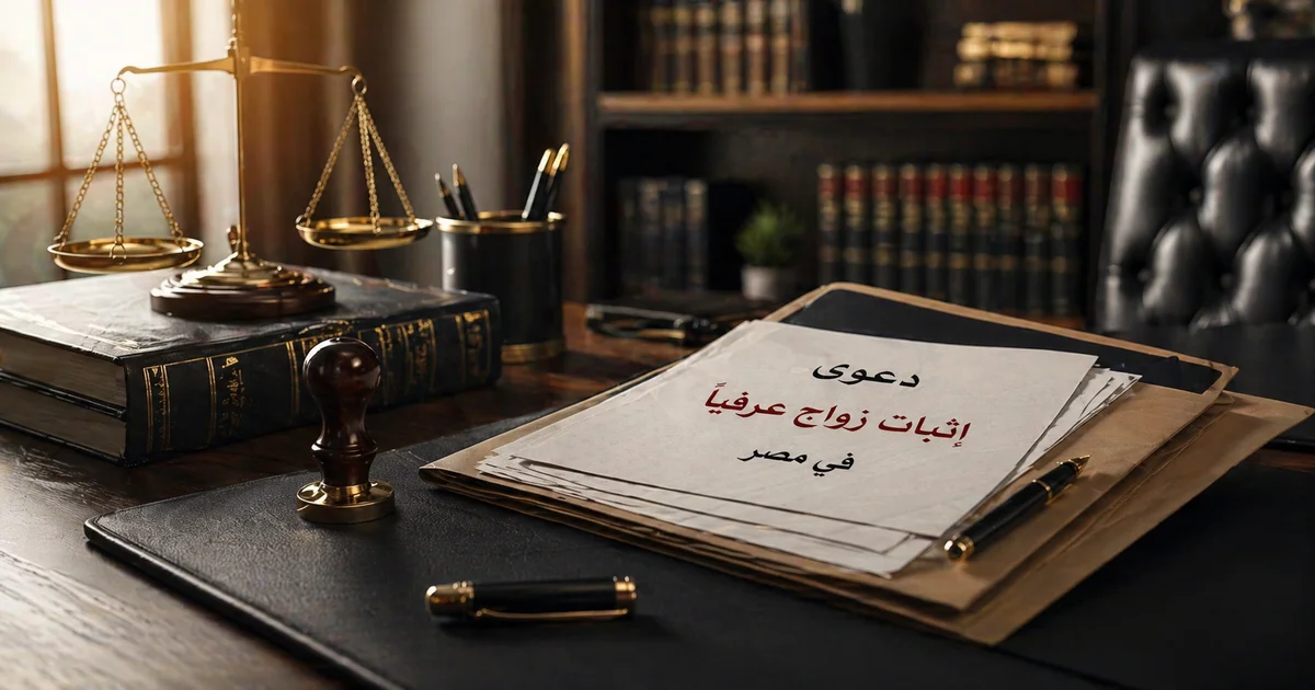 دعوى إثبات زواج عرفيًا في مصر على مكتب محاماة مع أوراق قانونية وميزان العدالة داخل مكتب قانوني احترافي