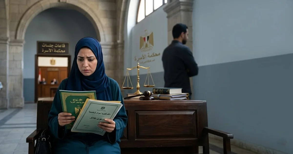 زوجة تجلس داخل محكمة الأسرة في مصر وتحمل أوراقًا قانونية وعقد زواج بينما يظهر الزوج في الخلفية مبتعدًا، في مشهد يعبر عن مشكلة الزوج رافض يطلق والإجراءات القانونية أمام محكمة الأسرة