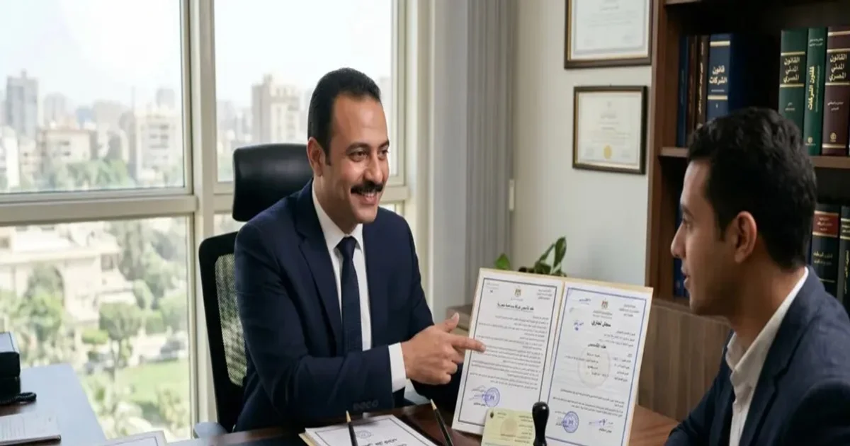 محامي شركات يوضح لعميل مستندات تأسيس شركة في مصر داخل مكتب قانوني مع عرض عقد التأسيس والسجل التجاري