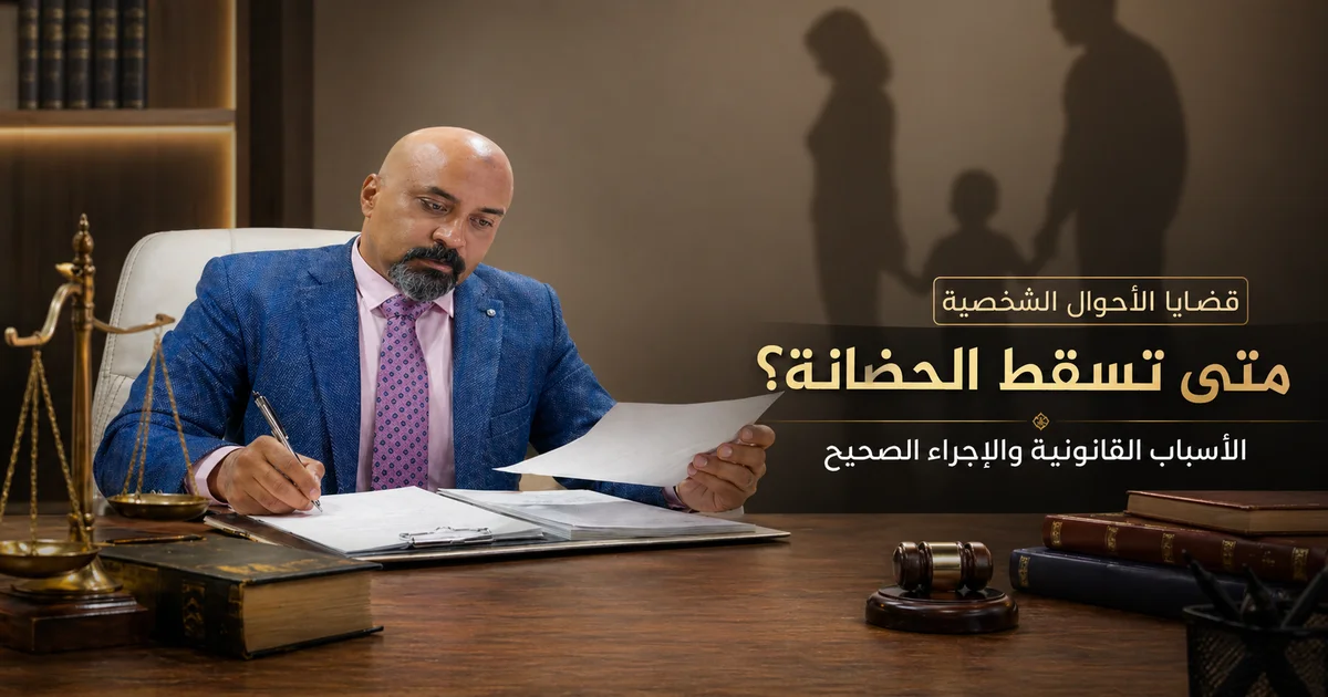محامٍ يجلس في مكتبه يراجع أوراق قضية أحوال شخصية مع ظهور عنوان متى تسقط الحضانة والأسباب القانونية والإجراء الصحيح على الصورة.