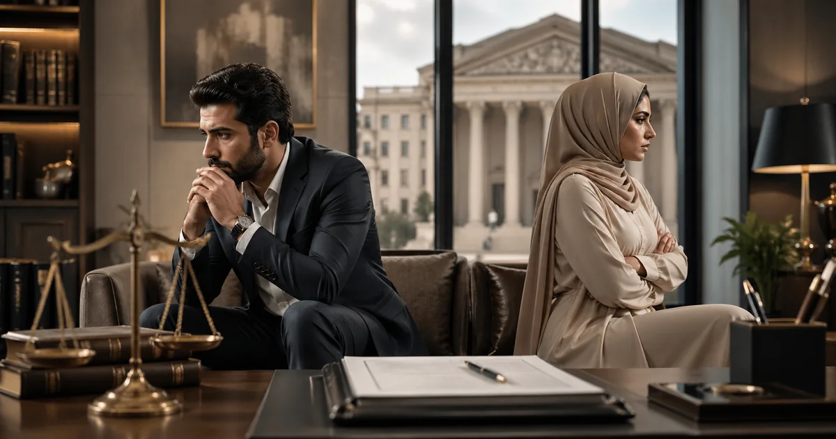 زوجان في حالة خلاف داخل مكتب قانوني مع ميزان العدالة وملف قضية يرمزان إلى بحث متى تعتبر الزوجة ناشز وإجراءات إنذار الطاعة في القانون المصري.
