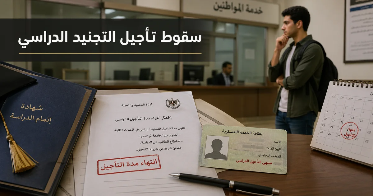 أوراق ومذاكرات رسمية توضح سقوط تأجيل التجنيد الدراسي وحالات انتهاء التأجيل بسبب التخرج أو الانقطاع عن الدراسة.