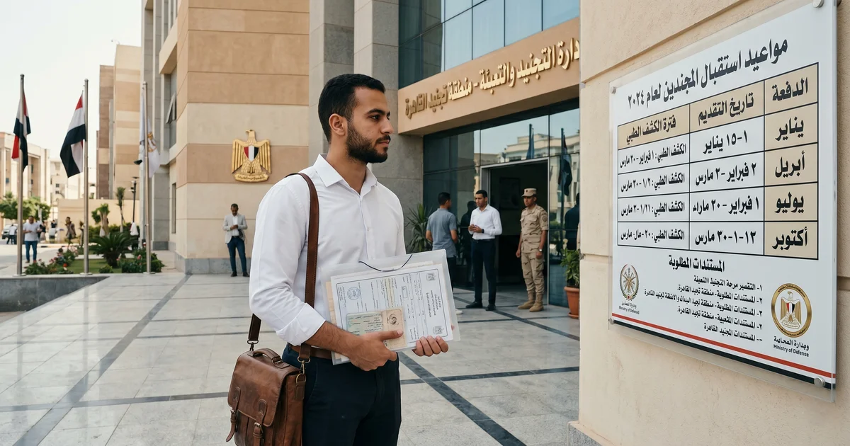 مواعيد دفعات التجنيد في مصر لشاب يراجع أوراقه الرسمية قبل التقديم في مكتب التجنيد.
