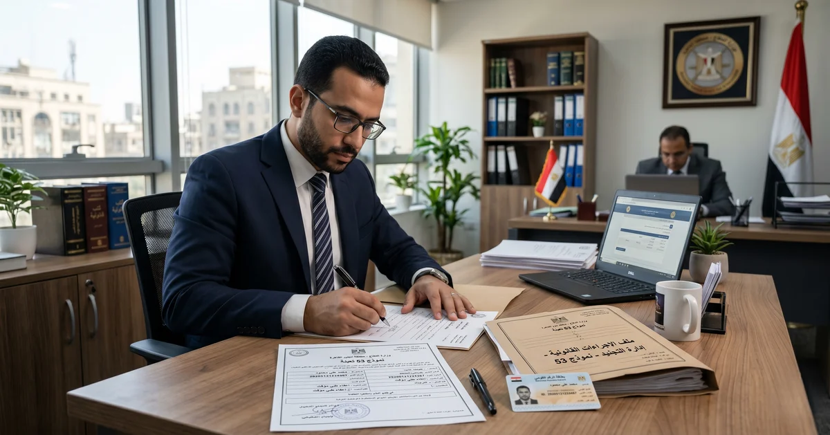 محامٍ مصري يراجع مستندات نموذج 53 تعبئة ضمن إجراءات الموقف التجنيدي والمعاملات الحكومية في مصر.