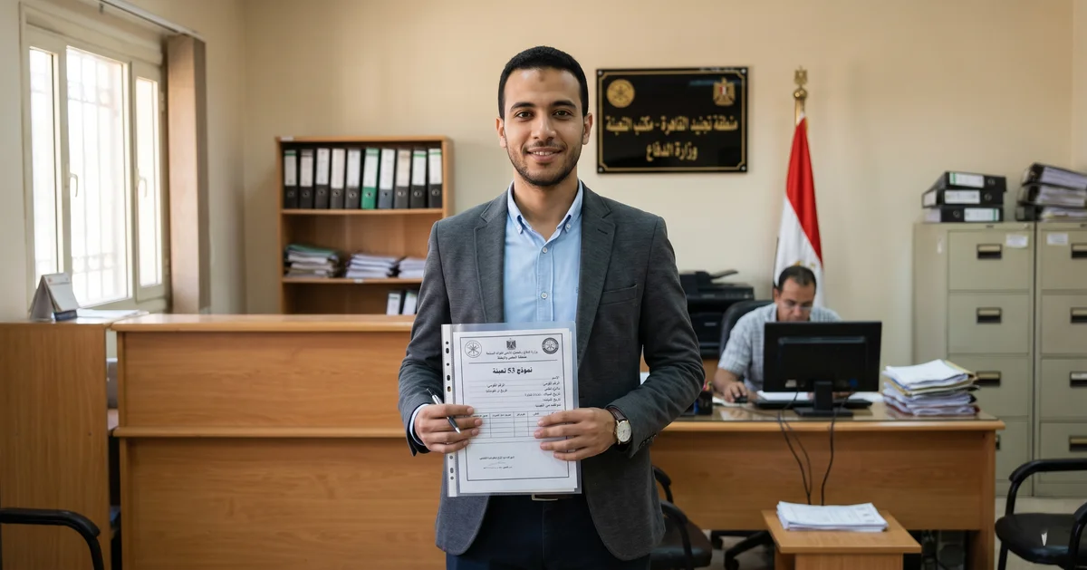شاب مصري يحمل أوراقًا حكومية لاستخراج نموذج 53 تعبئة داخل جهة إدارية في مصر.