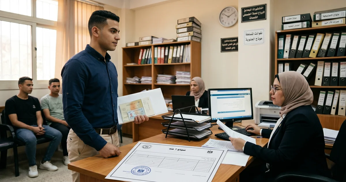 شاب يحمل أوراق رسمية خاصة بـ نموذج 7 جند داخل بيئة إدارية في مصر توضح إجراءات الموقف التجنيدي واستخراج المستندات المطلوبة.