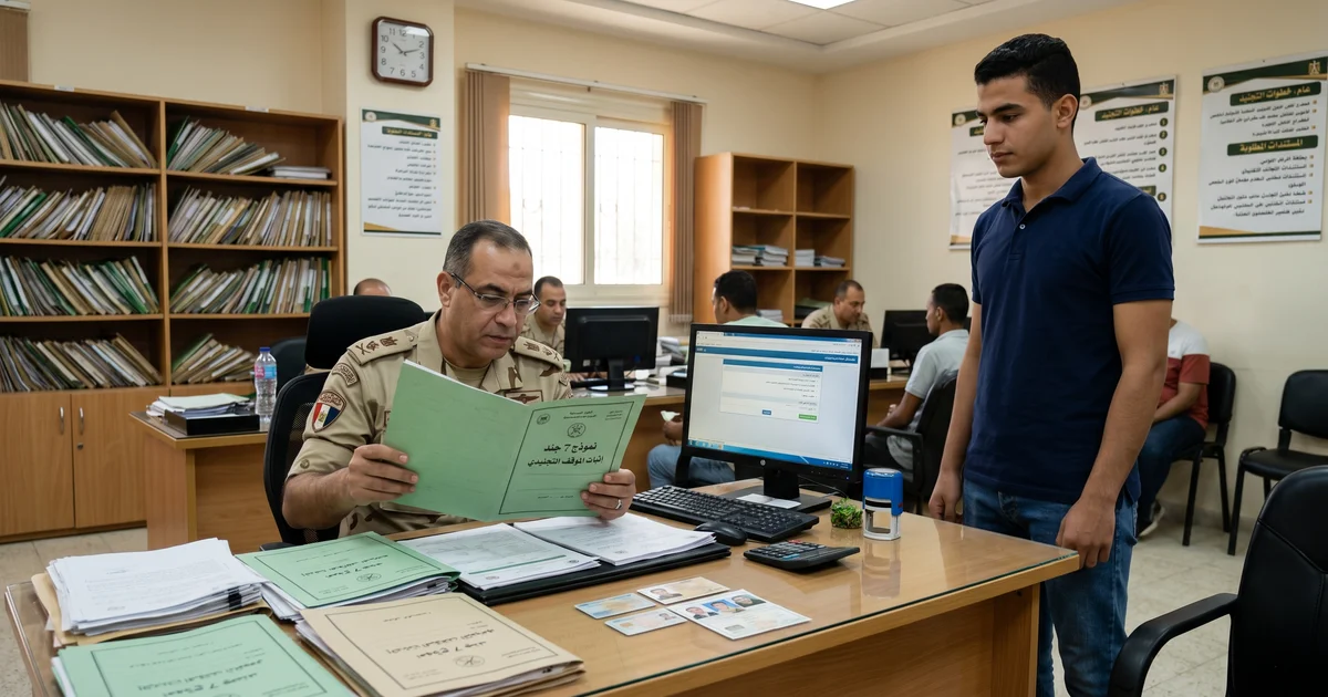 مراجعة مستندات نموذج 7 جند داخل مكتب إداري في مصر لتوضيح خطوات استخراج النموذج والتعامل مع إجراءات الموقف التجنيدي.