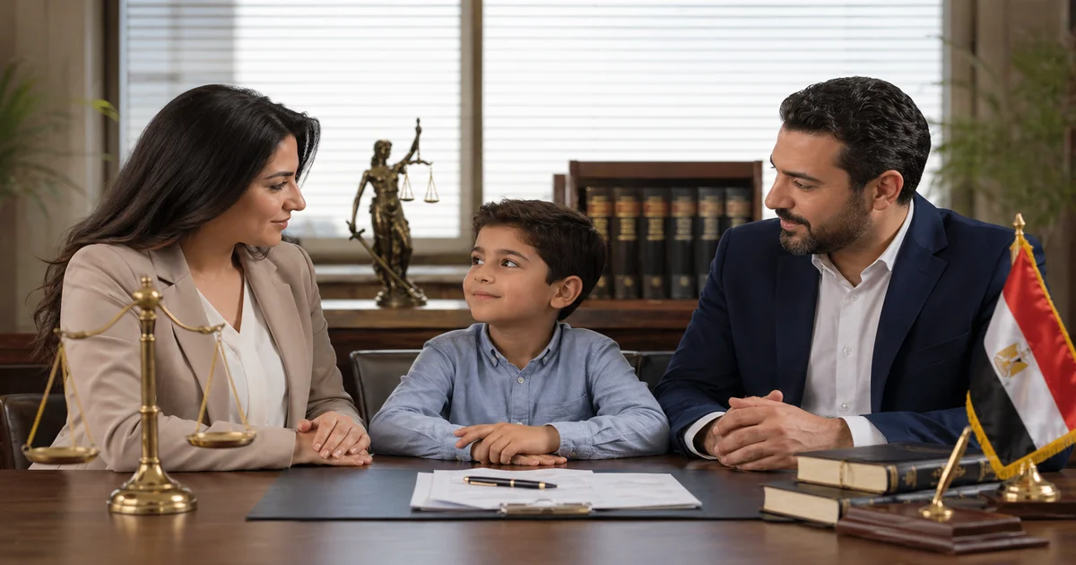أسرة داخل مكتب قانوني تناقش سن الحضانة في مصر وحقوق الطفل بعد بلوغ 15 سنة أمام محامي أحوال شخصية.