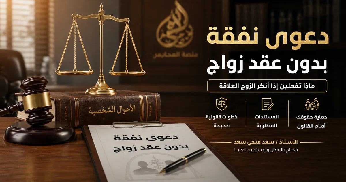 تصميم قانوني بعنوان دعوى نفقة بدون عقد زواج يوضح ماذا تفعل الزوجة إذا أنكر الزوج العلاقة، مع ميزان العدالة ومطرقة القاضي وملف قانوني يبرز خطوات قانونية صحيحة والمستندات المطلوبة وحماية الحقوق أمام القانون.
