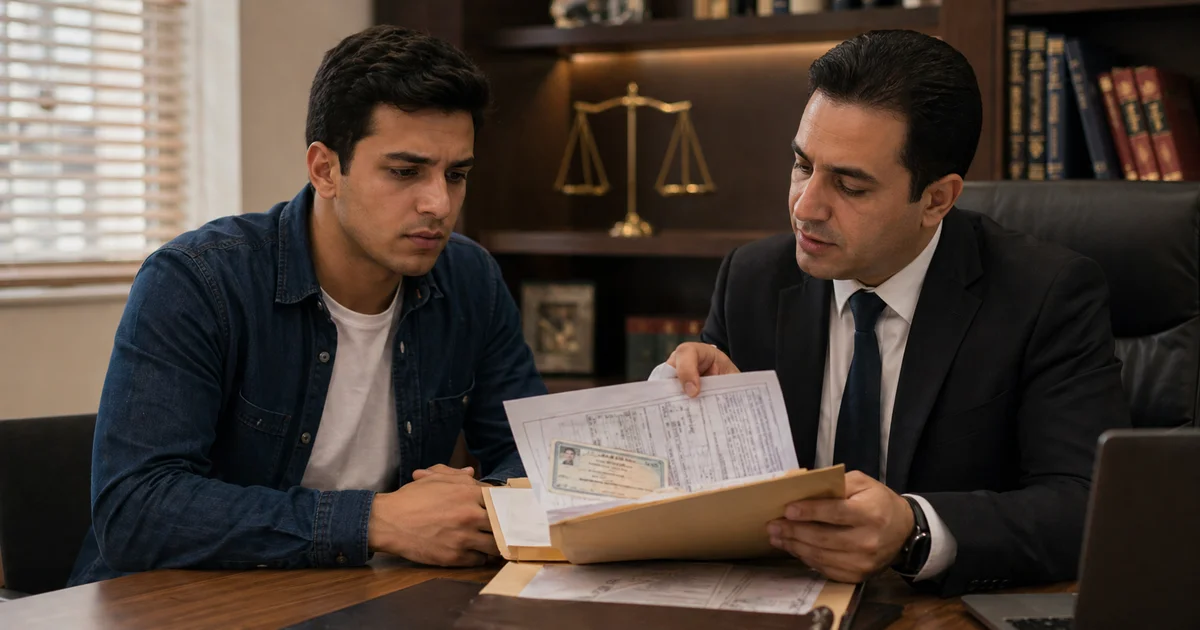محامٍ يشرح لشاب مستندات إعفاء الأخ الوحيد من التجنيد داخل مكتب قانوني.