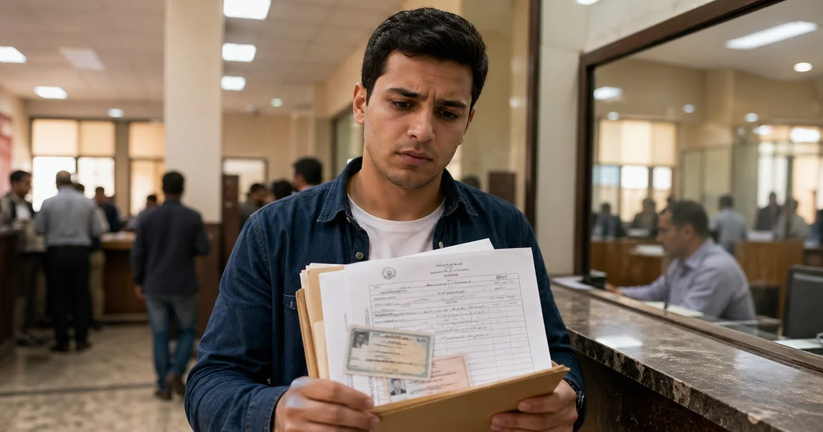 شاب مصري يراجع أوراق التجنيد داخل جهة حكومية لمعرفة هل الأخ الوحيد يُعفى من التجنيد.