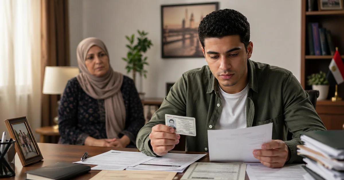 شاب يراجع أوراق التجنيد مع أسرته لفهم شروط إعفاء الابن الوحيد من التجنيد والمستندات المطلوبة.
