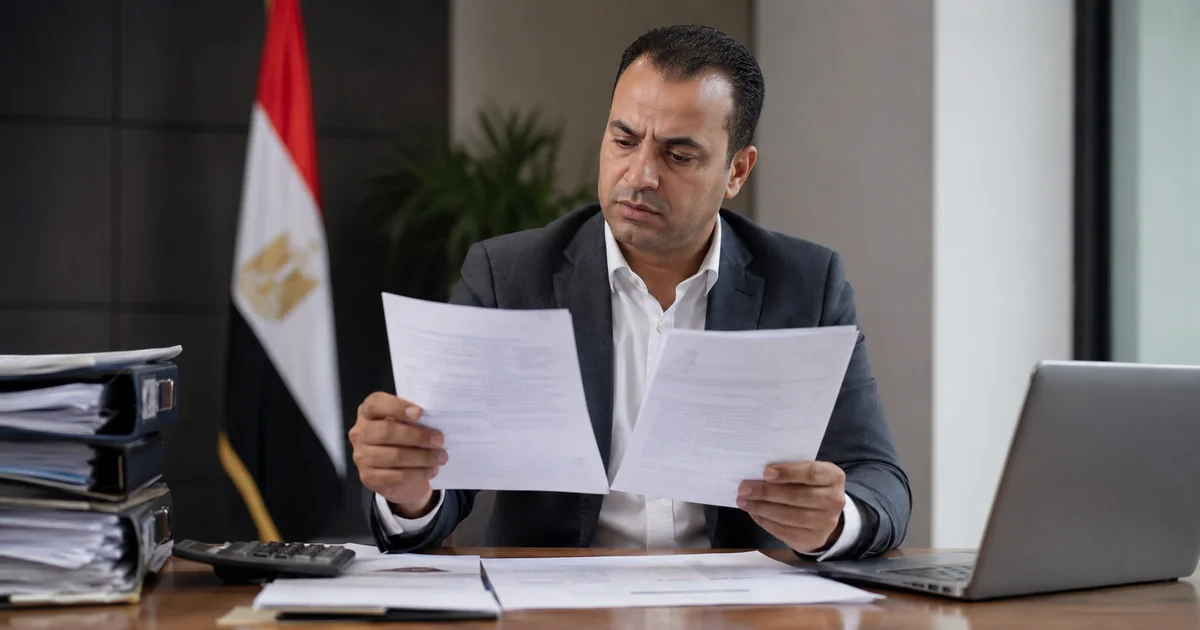 ممول مصري يفحص إخطارًا ضريبيًا ومستندات مالية على مكتبه بعد صدور تقدير ضريبي يحتاج إلى مراجعة قانونية.