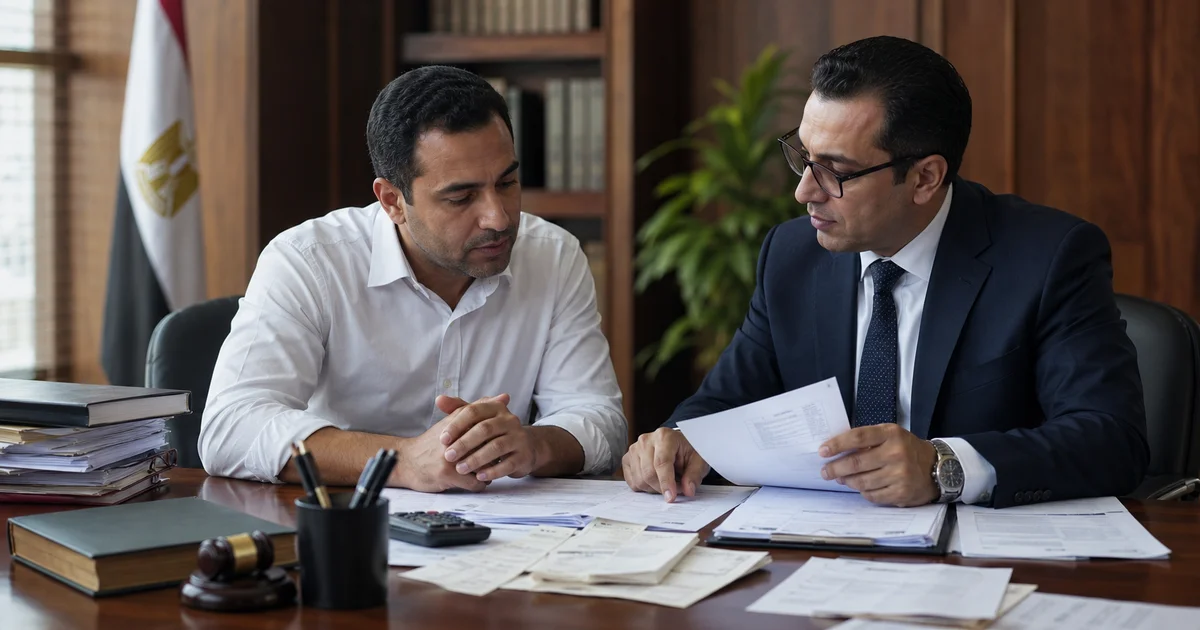 عميل يجلس مع مستشار قانوني لمراجعة ملفات وفواتير ضريبية ضمن إجراءات الاعتراض على إعادة تقدير الضريبة.