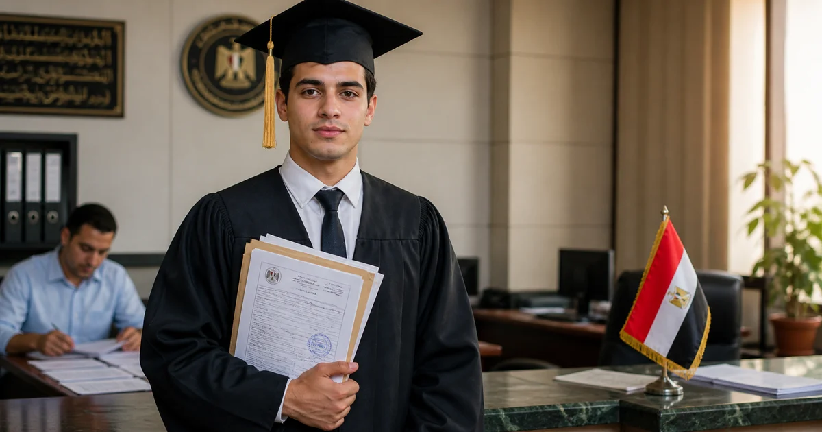 خريج جامعة خاصة أو أجنبية يحمل مستندات رسمية داخل مكتب حكومي لإنهاء موقفه من التجنيد.