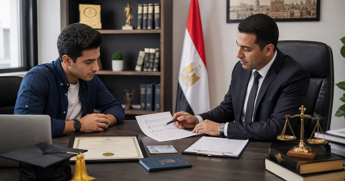 محام يراجع مع خريج جامعة أوراق التجنيد والمستندات المطلوبة لتحديد الموقف التجنيدي بعد التخرج.