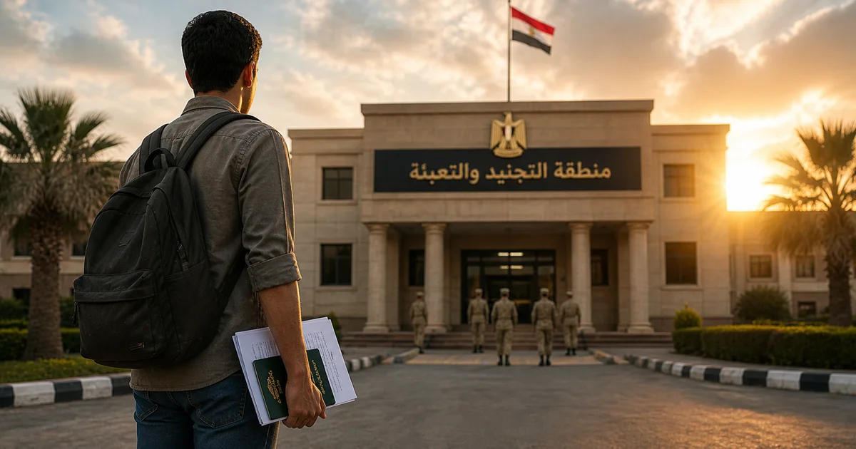 شاب يقف أمام مبنى التجنيد حاملاً مستنداته لمتابعة موقفه من التجنيد بعد التخرج.