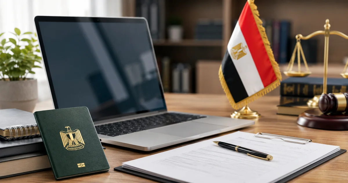 مكتب قانوني يحتوي على جهاز كمبيوتر ومستندات رسمية وعلم مصر يوضح متابعة الخدمات الإلكترونية لإدارة التجنيد والتعبئة.