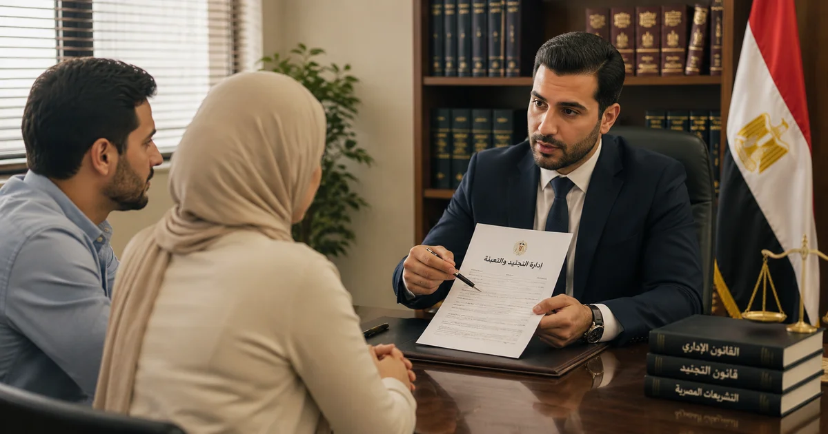 محام يشرح مستندات التجنيد لعملاء داخل مكتب قانوني لفهم الخدمات الإلكترونية لإدارة التجنيد والتعبئة والإجراءات المطلوبة.