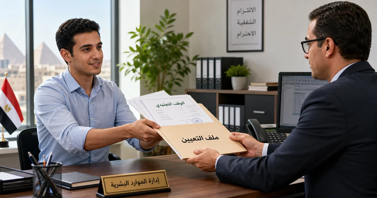 متقدم لوظيفة في القطاع الخاص يقدم أوراق التعيين والموقف التجنيدي لموظف الموارد البشرية.