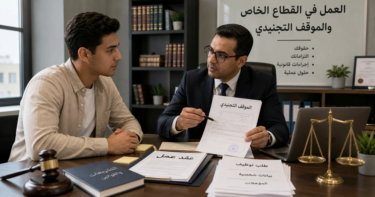 محامٍ يراجع مع شاب أوراق العمل في القطاع الخاص وشهادة الموقف التجنيدي لتوضيح الإجراءات القانونية.