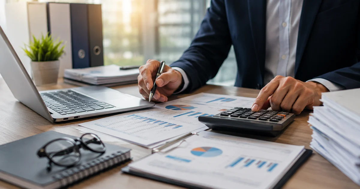 رجل أعمال يستخدم آلة حاسبة ويراجع تقارير مالية وفواتير ضمن تجهيز مستندات الفحص الضريبي للشركات الصغيرة.