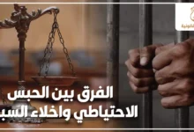 الفرق بين الحبس الاحتياطي واخلاء السبيل في القانون المصري مع ميزان العدالة وشخص خلف القضبان