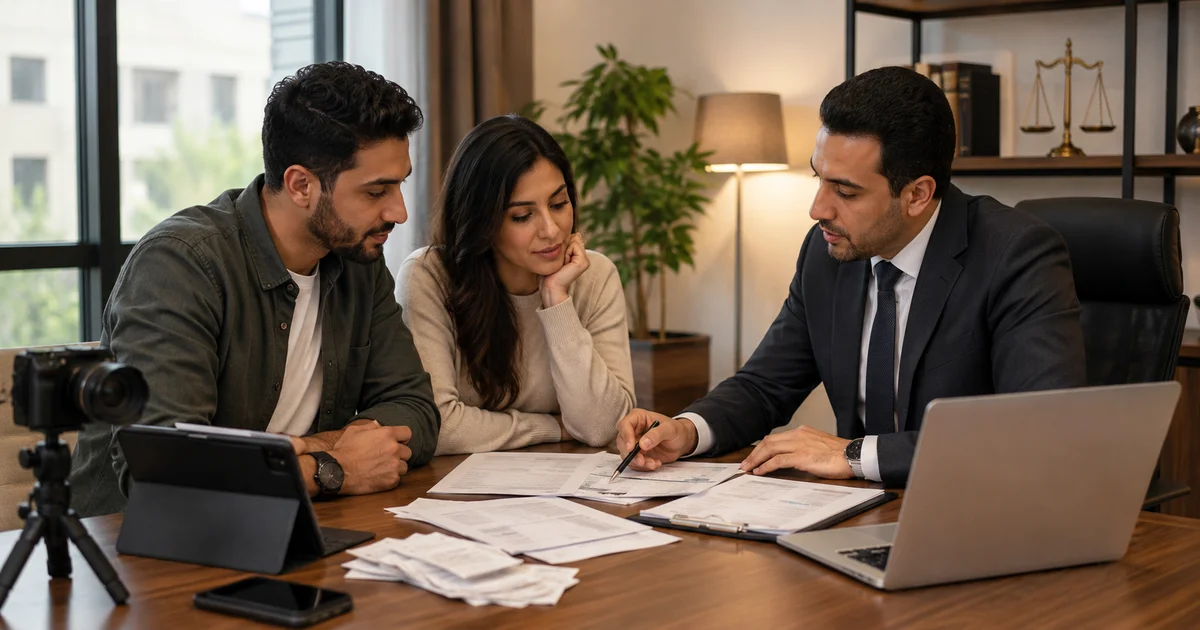 صانع محتوى يجلس مع مستشار قانوني لمراجعة مستندات وفواتير ضريبية تتعلق بضرائب صناع المحتوى في مصر.