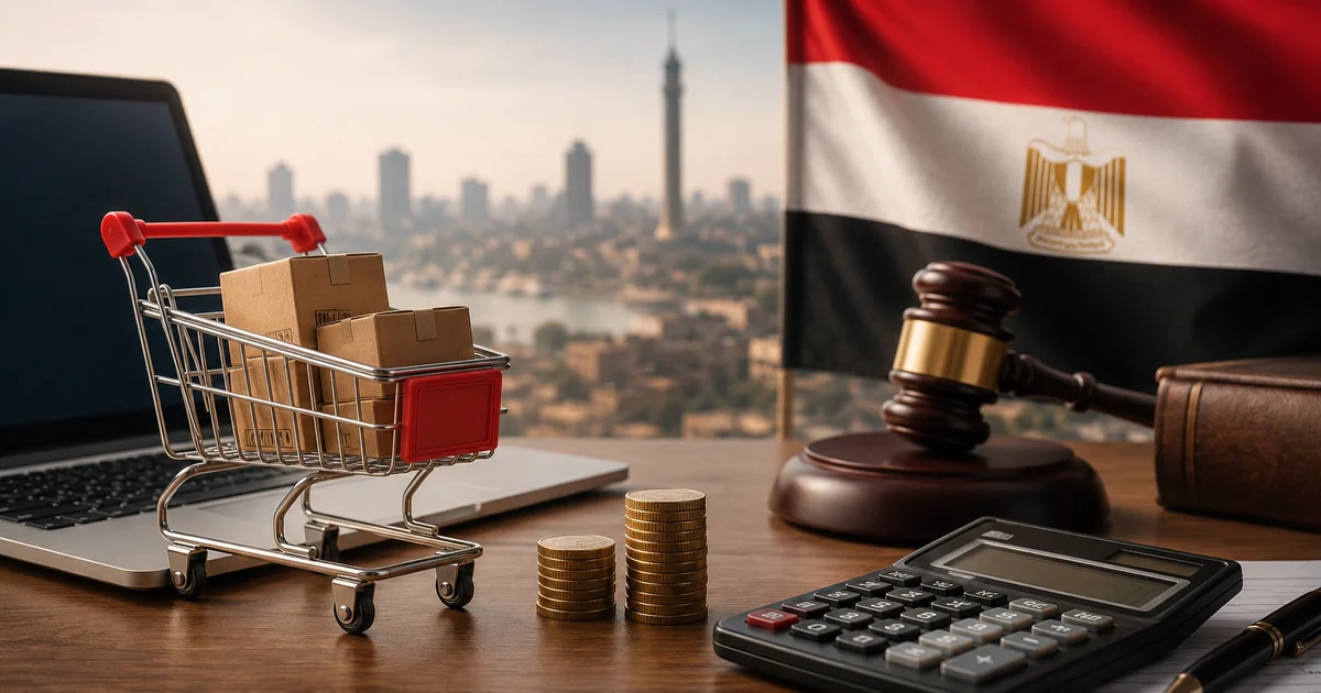 ضريبة التجارة الإلكترونية في مصر مع عربة تسوق إلكترونية وحاسبة ومطرقة قانونية أمام علم مصر.