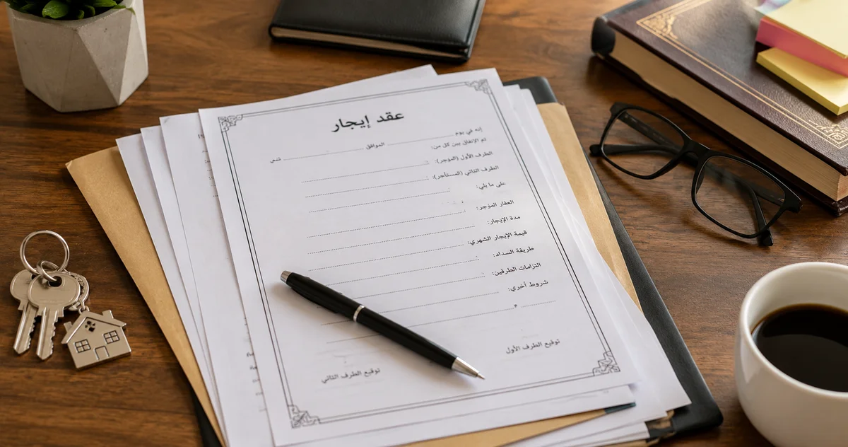 أوراق عقد إيجار على مكتب قانوني توضح مشكلة ضياع عقد الإيجار الأصلي وطرق إثبات الحقوق.