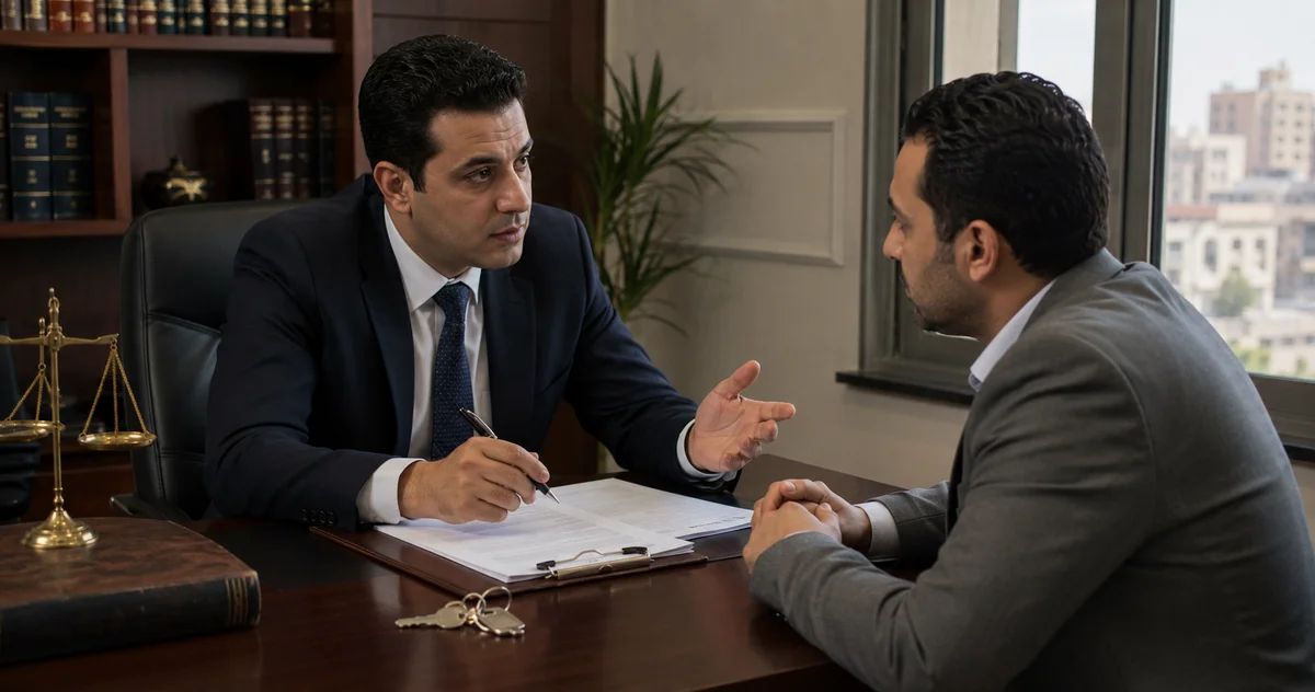 محامي قضايا إيجارات يشرح لمالك عقار خطوات طرد مستأجر بعقد غير موثق داخل مكتب قانوني.