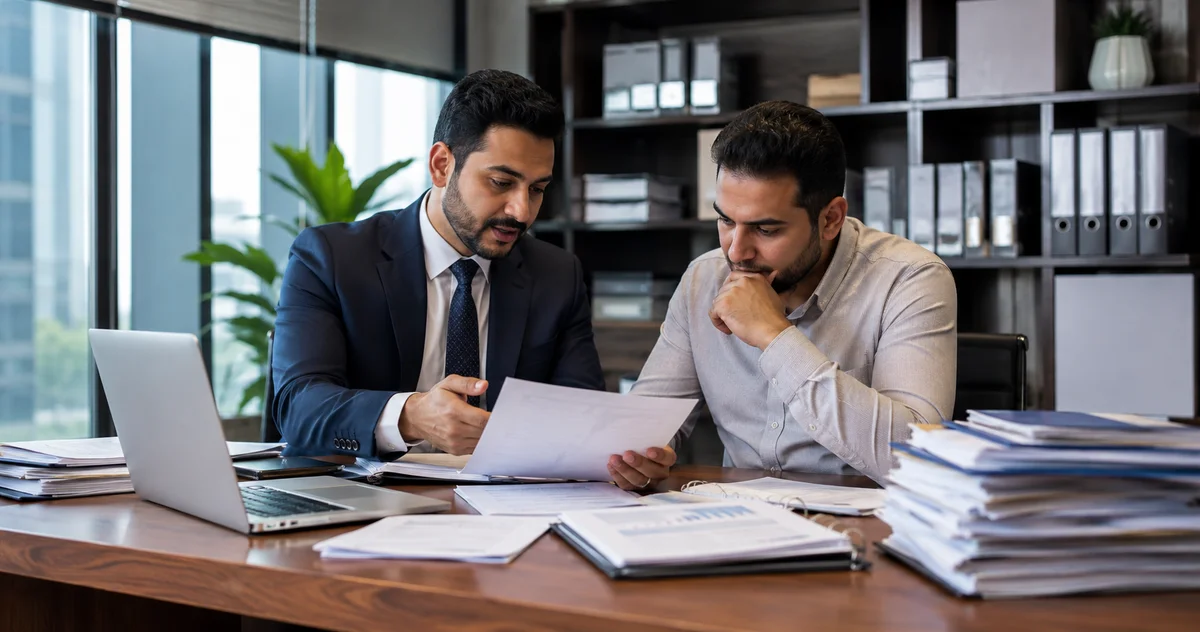 مراجعة مستندات ودفاتر ضريبية داخل مكتب بين متخصص وصاحب شركة أثناء الفحص الضريبي.