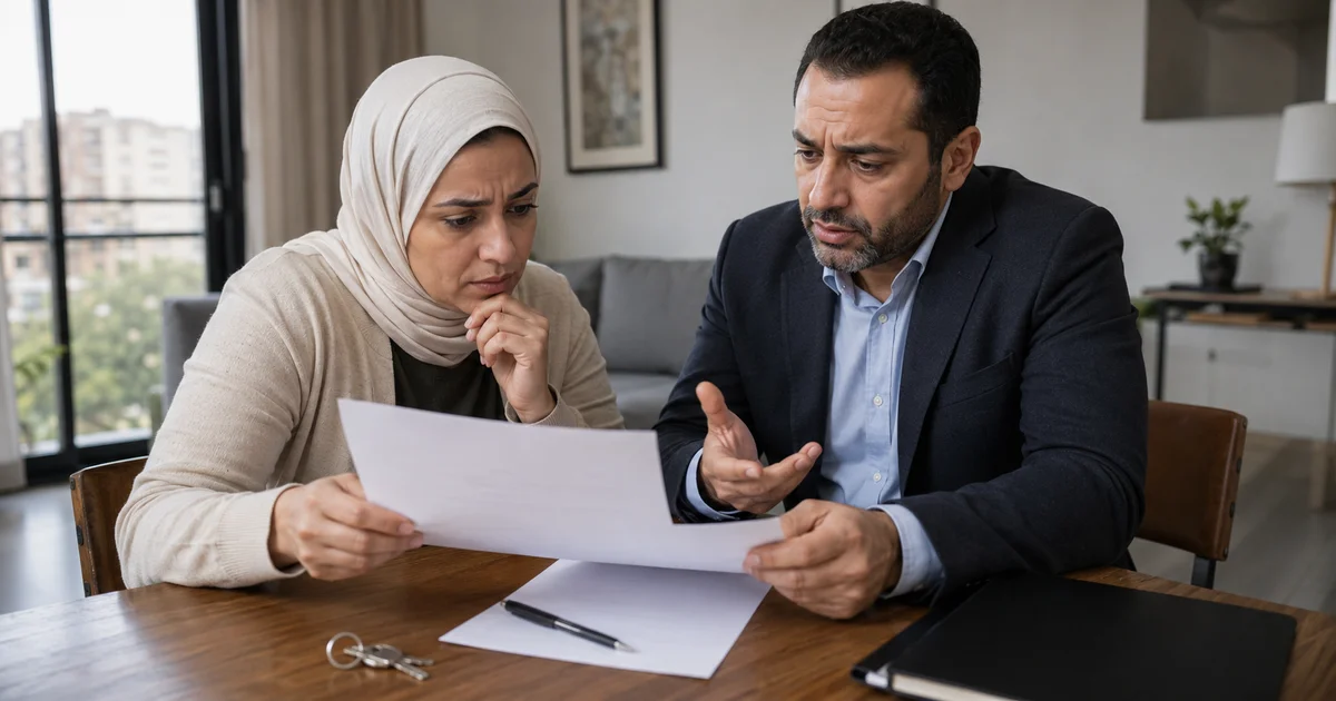 صورة واقعية توضح نزاعًا محتملًا بين طرفي علاقة إيجارية بسبب عقد إيجار بدون تاريخ، حيث يظهر شخصان أثناء مراجعة أوراق العقد ومناقشة البيانات الناقصة.