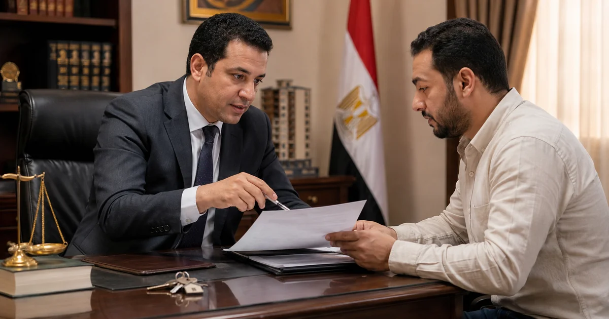 محامي يشرح لموكل مشكلة عقد إيجار بدون تاريخ داخل مكتب قانوني مع أوراق ومفاتيح على المكتب.