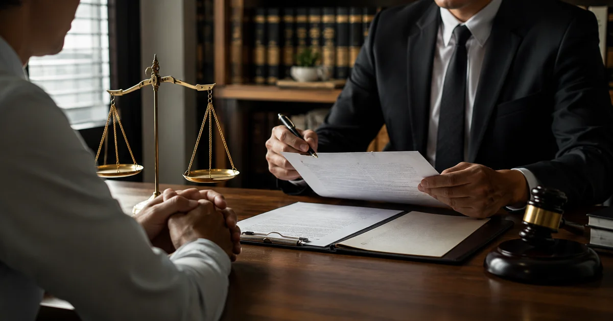 محامٍ يراجع مستندات قانونية مع موكل داخل مكتب محاماة، وبجواره ميزان العدالة ومطرقة المحكمة، في مشهد يعبر عن كيفية إثبات أن المحضر كيدي.