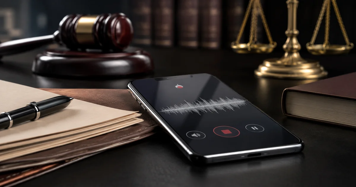 تسجيل المكالمات كدليل في القانون المصري على هاتف محمول بجوار مستندات قانونية وميزان عدالة يوضح أهمية حفظ التسجيل قبل تقديمه للمحكمة