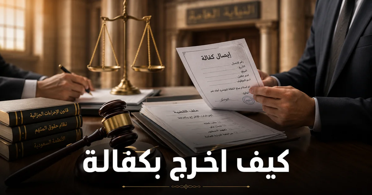 مستند إيصال كفالة مع ميزان العدالة ومطرقة المحكمة ضمن شرح قانوني لسؤال كيف اخرج بكفالة.